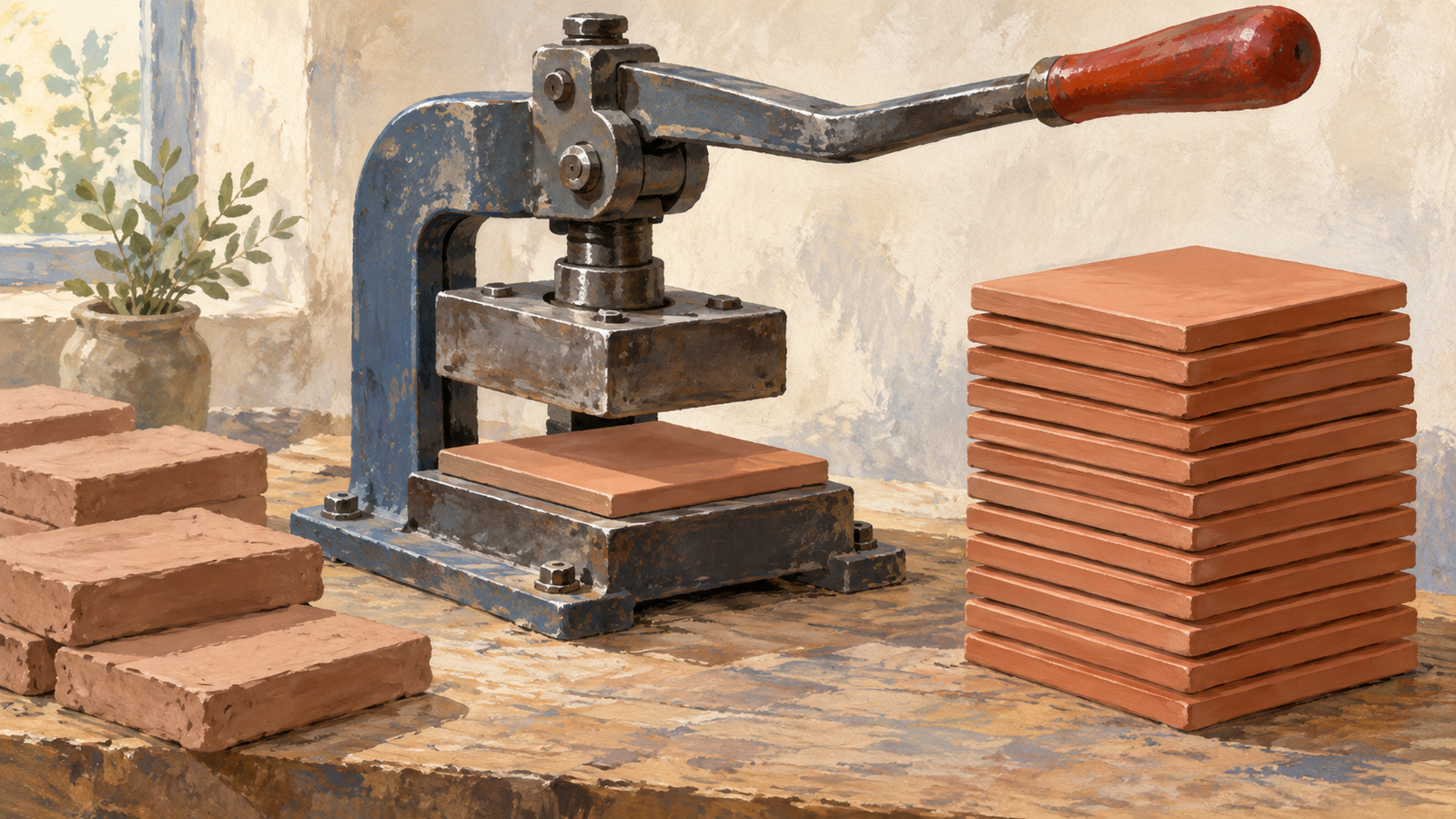 A hand press has produced a stack of identical clay tiles through repeated work