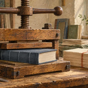 A shared bookbinding press is busy while another stack waits for its turn