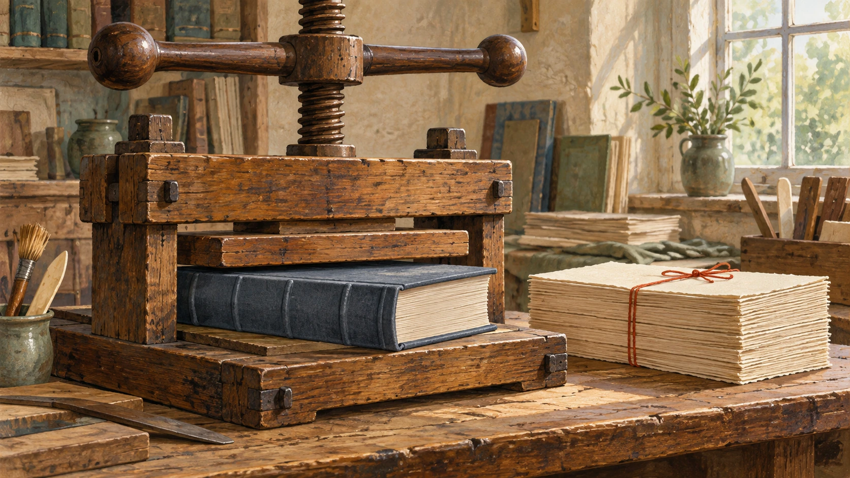 A shared bookbinding press is busy while another stack waits for its turn