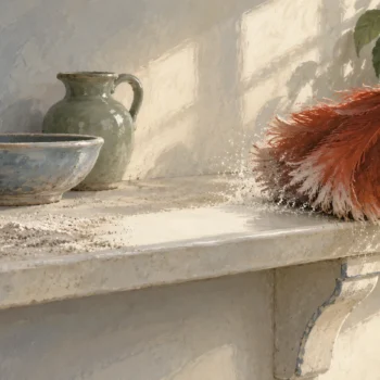 Feather duster uncovering retained dust traces on a ceramic shelf