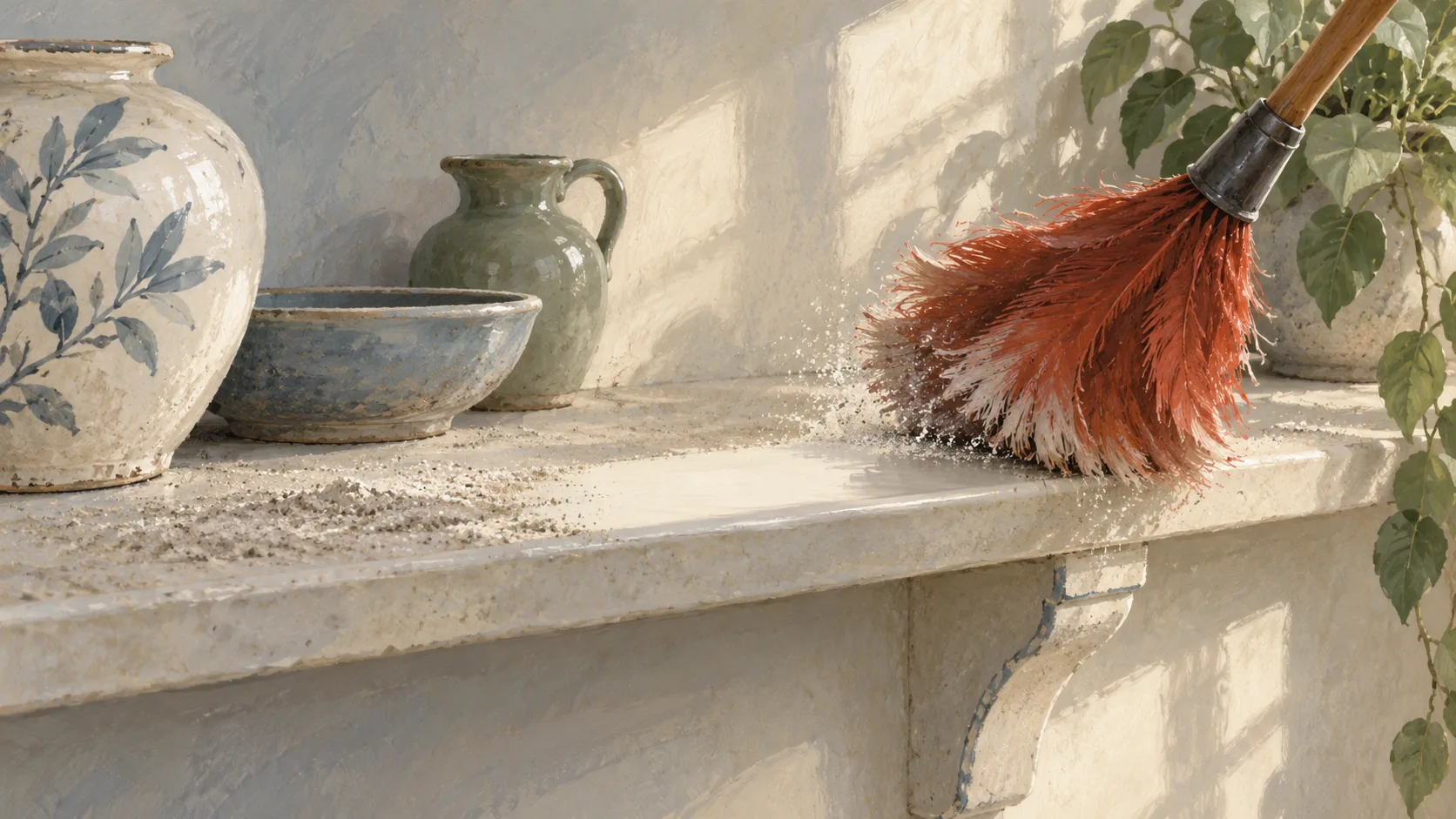 Feather duster uncovering retained dust traces on a ceramic shelf