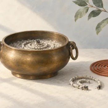 Incense censer retaining earlier ash beside an older fragment and a fresh coil