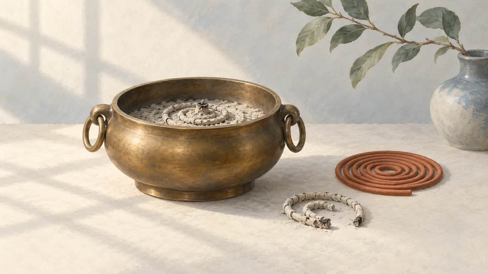 Incense censer retaining earlier ash beside an older fragment and a fresh coil
