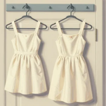 A dress with a spare button sewn in its hem, hanging beside an entire identical spare dress never worn.