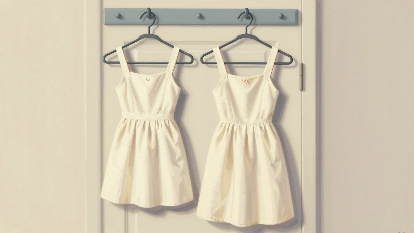 A dress with a spare button sewn in its hem, hanging beside an entire identical spare dress never worn.