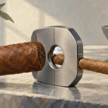 Unbranded cigar cutter with a fitting slim cigar and an oversized cigar outside