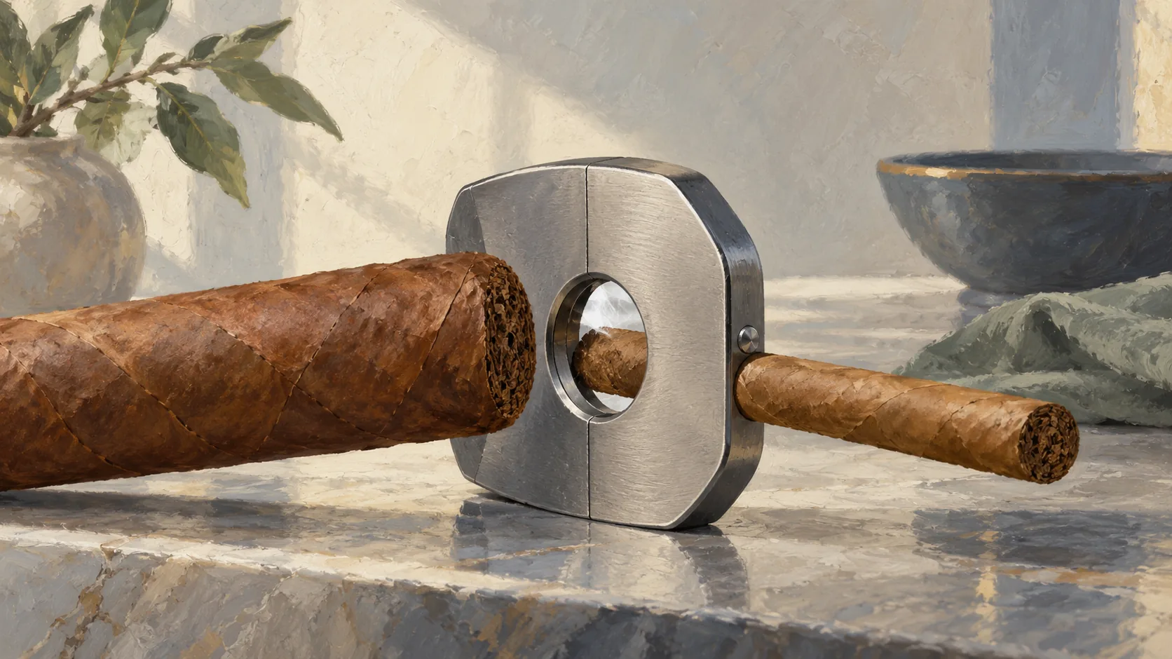 Unbranded cigar cutter with a fitting slim cigar and an oversized cigar outside