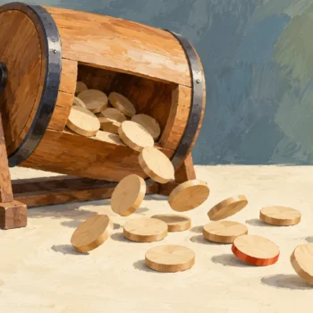 Unmarked tokens tumble from a wooden raffle drum