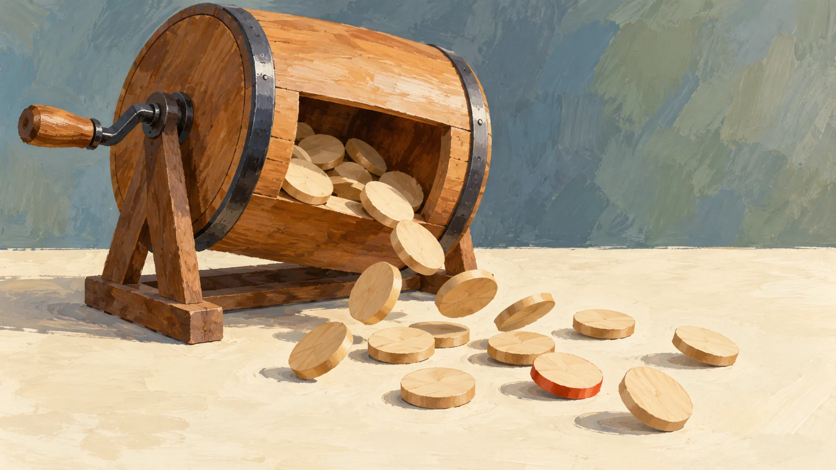 Unmarked tokens tumble from a wooden raffle drum