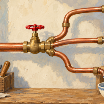 One connected copper supply pipe feeds three separate bowls