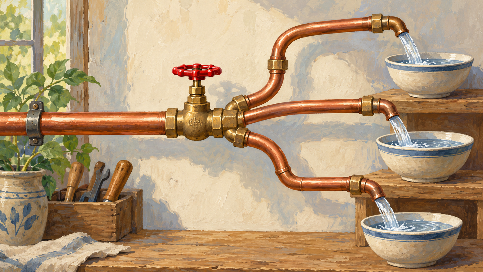 One connected copper supply pipe feeds three separate bowls