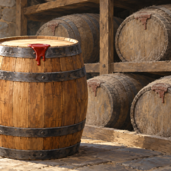 A freshly sealed reserve barrel stands in front of older stored copies