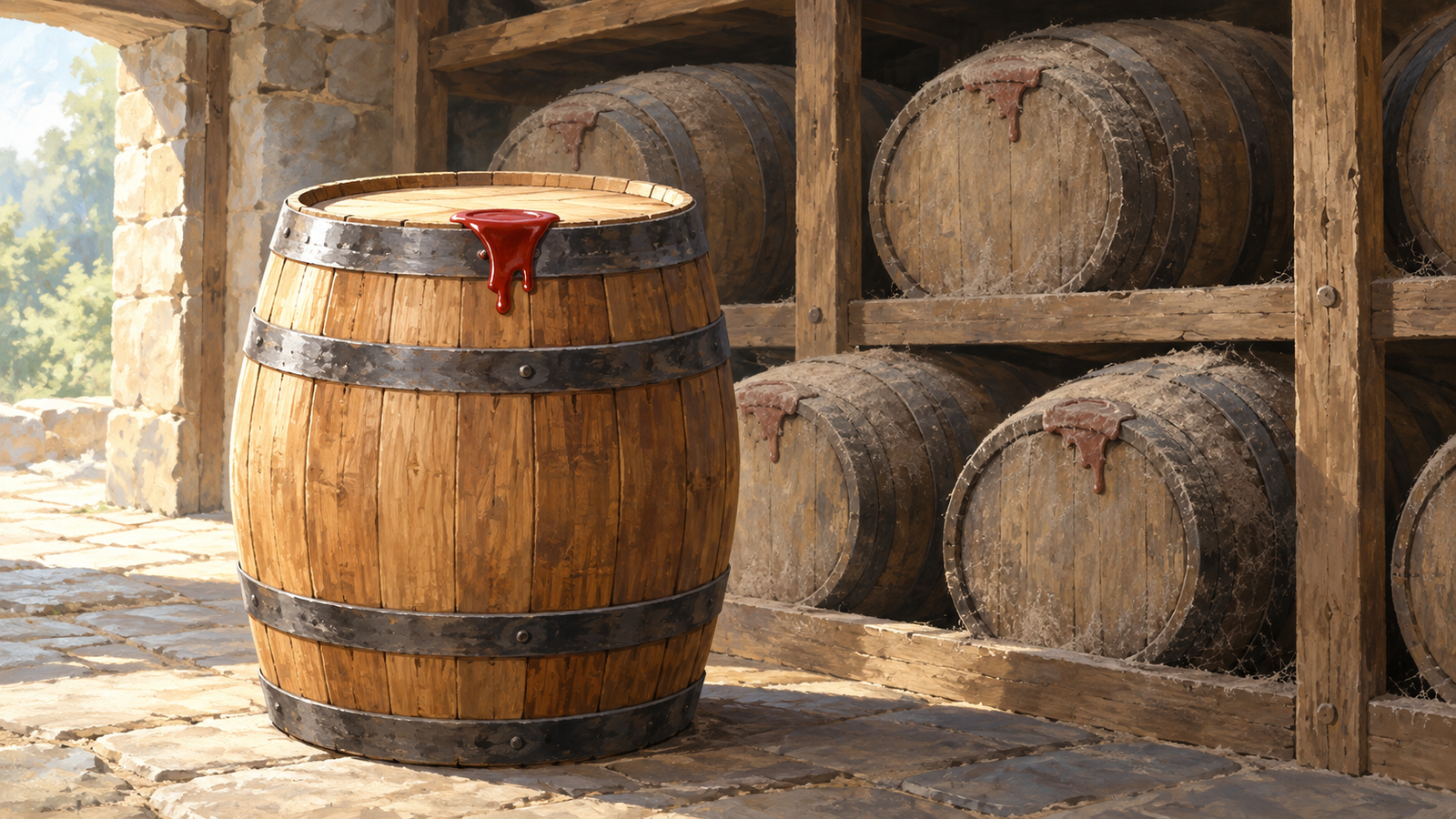 A freshly sealed reserve barrel stands in front of older stored copies