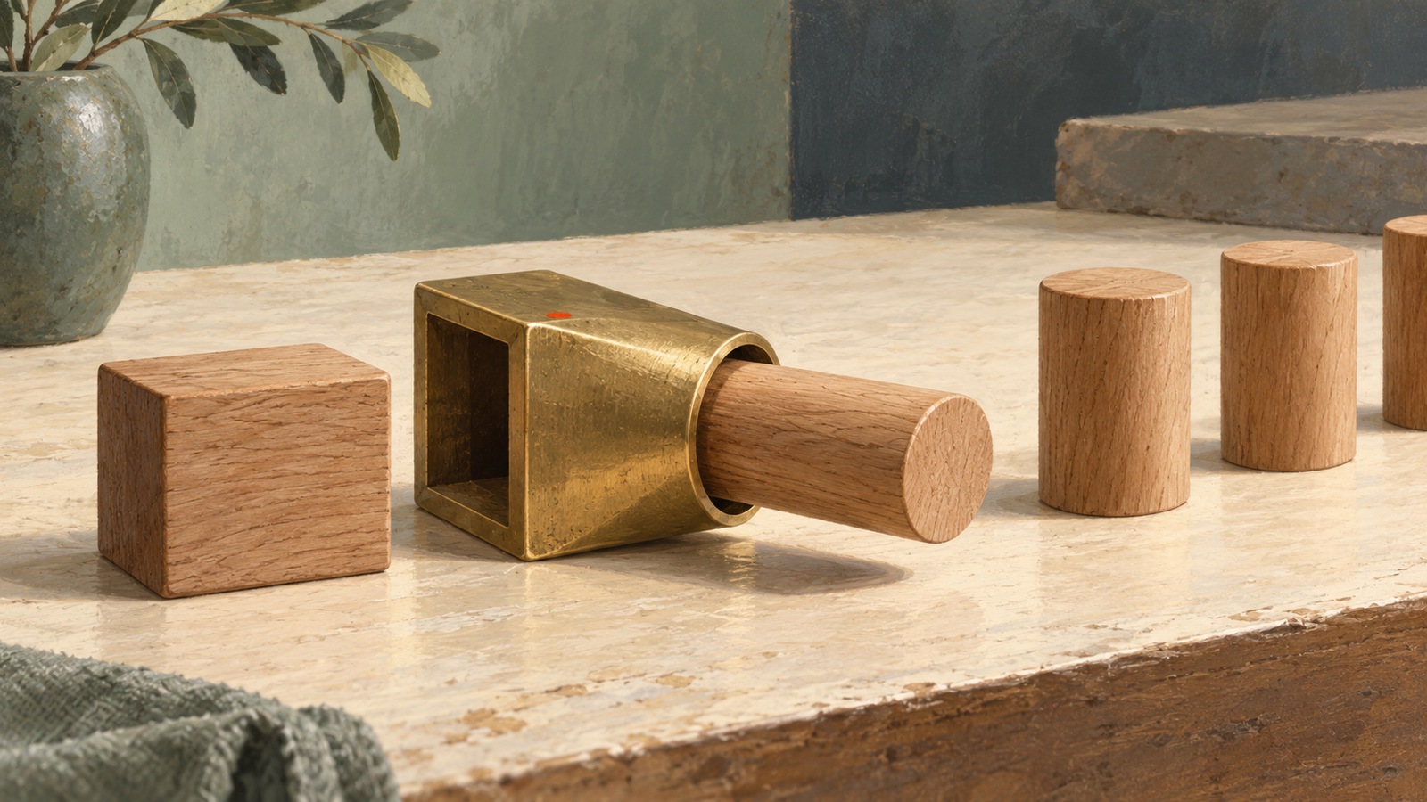 A square wooden piece passes through a brass adapter and emerges as a round piece