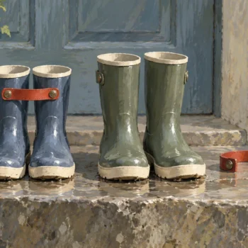 Rain boots with an attached strap beside boots without a strap