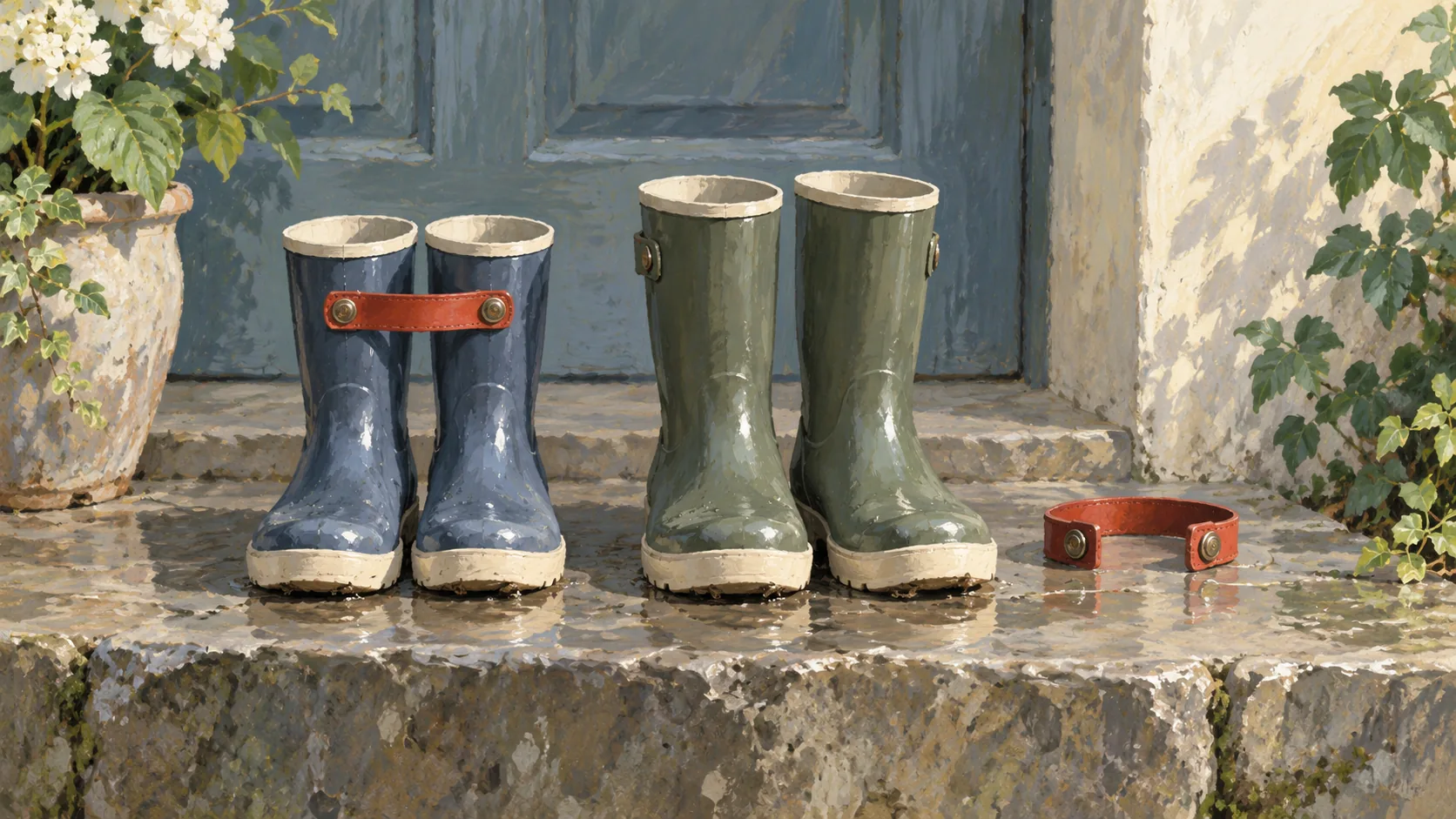 Rain boots with an attached strap beside boots without a strap
