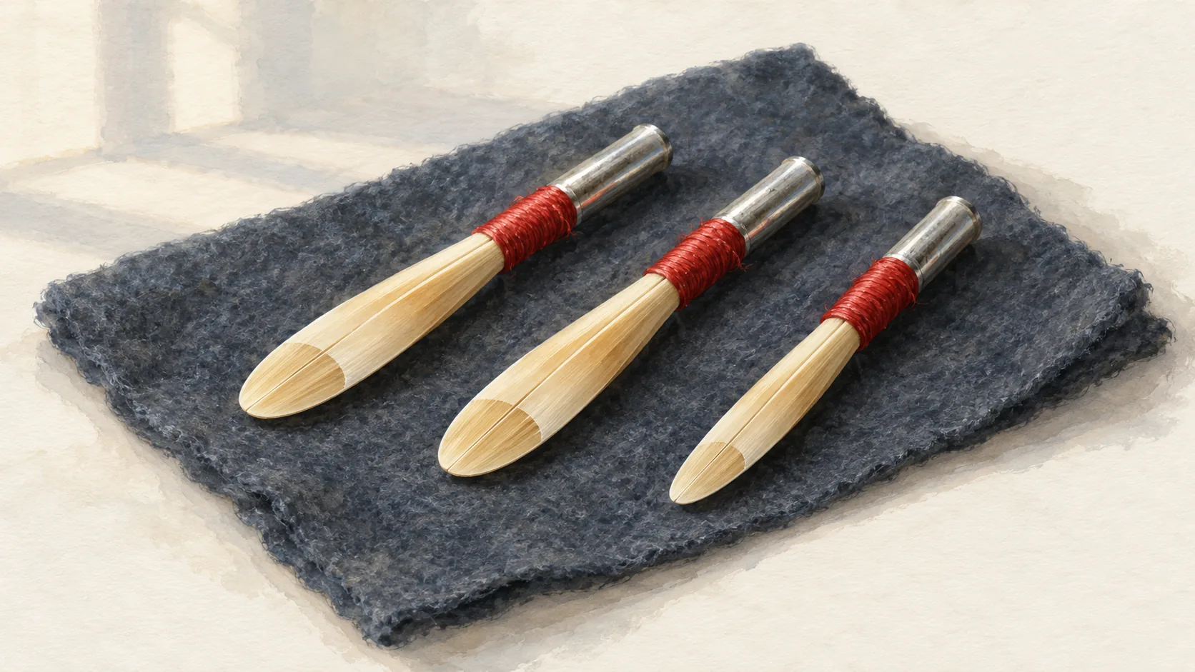 Three intact oboe reeds with one subtly different tip opening