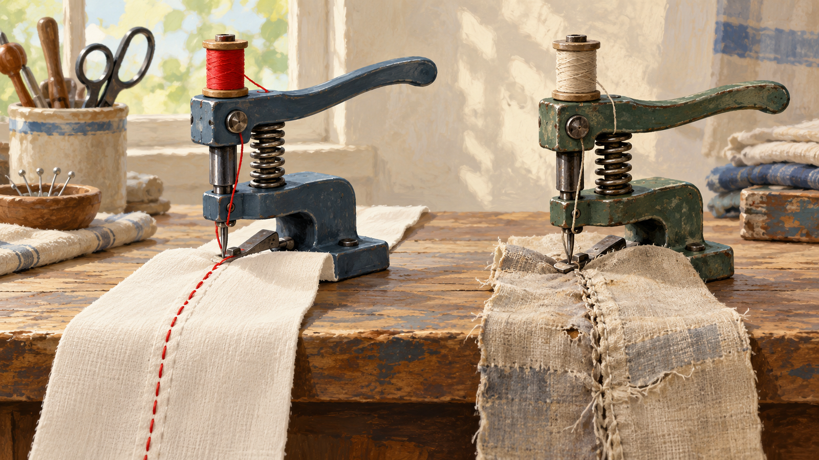 One sewing tool makes a new seam while another refreshes a worn seam