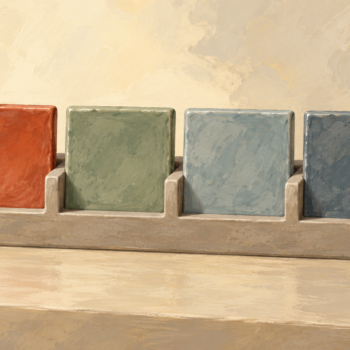 One red ceramic tile sits first while the remaining tiles follow in a tidy order