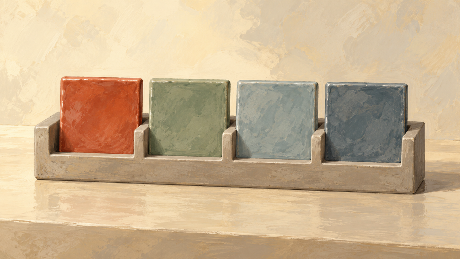 One red ceramic tile sits first while the remaining tiles follow in a tidy order