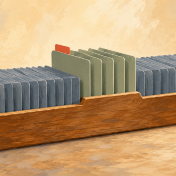 One group of cards is raised from the middle of an ordered index-card tray