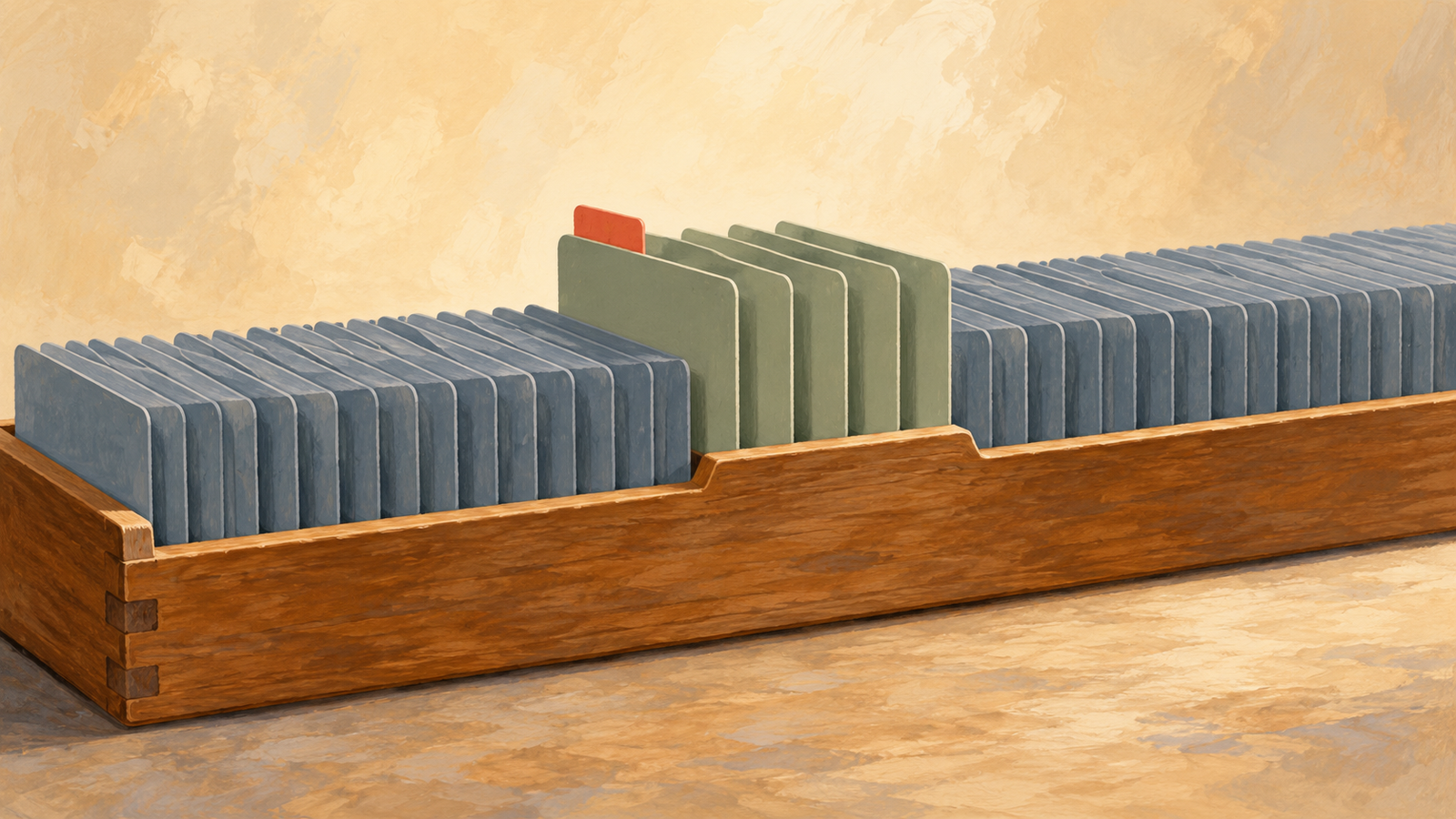 One group of cards is raised from the middle of an ordered index-card tray