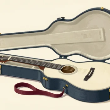 A guitar sitting too high in a case shaped for a slimmer guitar, the lid unable to close