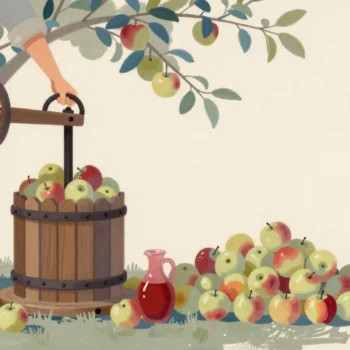 A hand turning the crank of a wooden cider press under an apple tree, a big pile of apples waiting