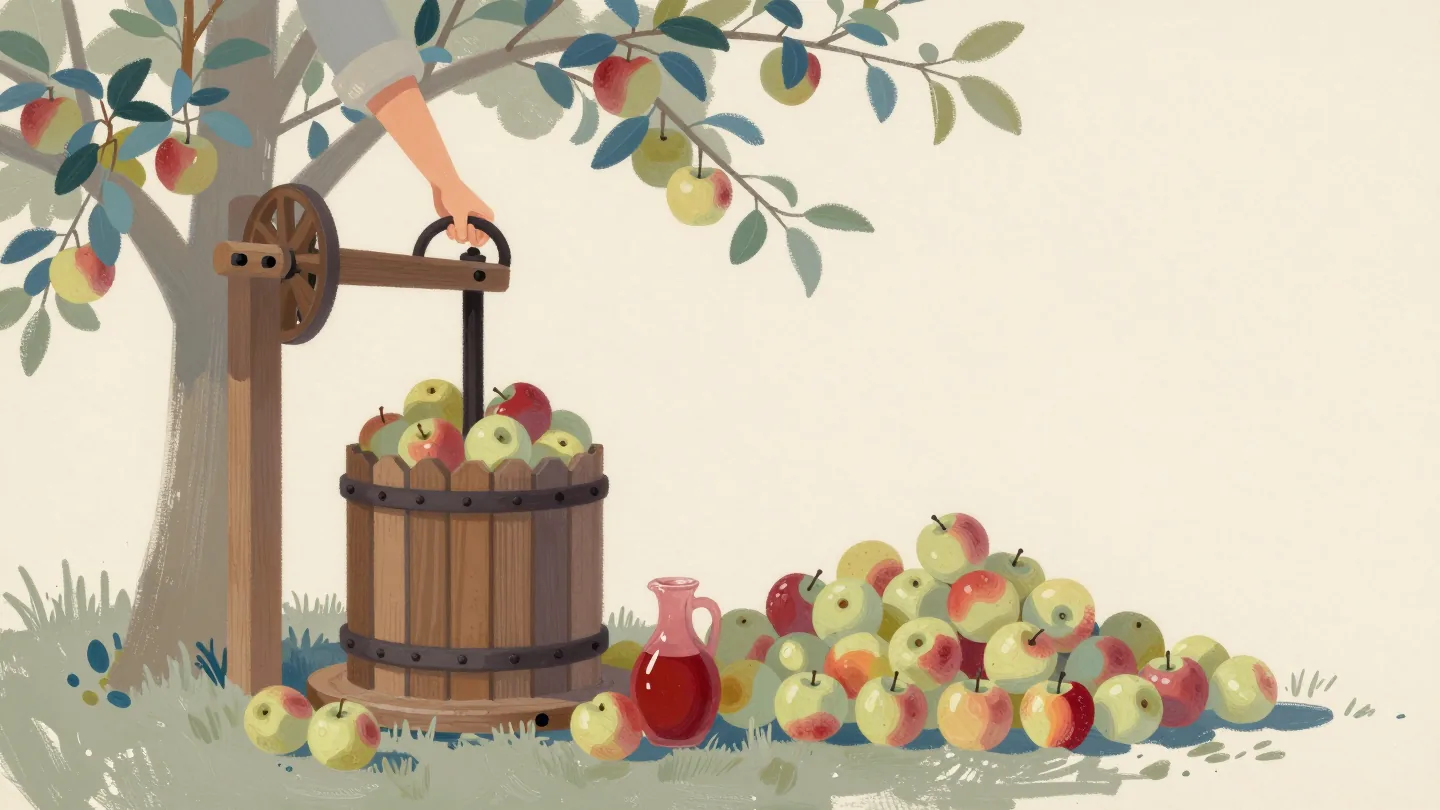 A hand turning the crank of a wooden cider press under an apple tree, a big pile of apples waiting