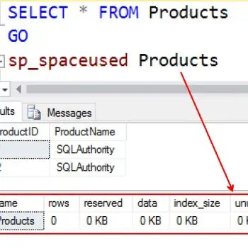 SQL Server sp_spaceused window.