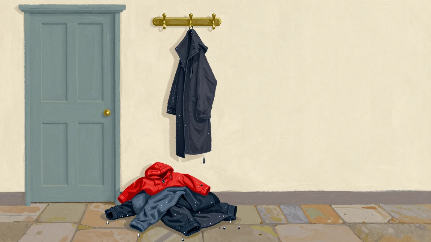 One coat on a single hook by a door, with four wet coats heaped on the floor beneath