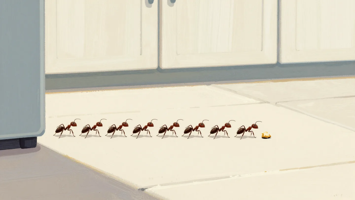 A line of ants on a stone doorstep carrying crumbs, most of a dropped biscuit already gone