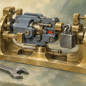 A fitted maintenance cradle supports a mechanism and its lock while a generic spanner rests nearby