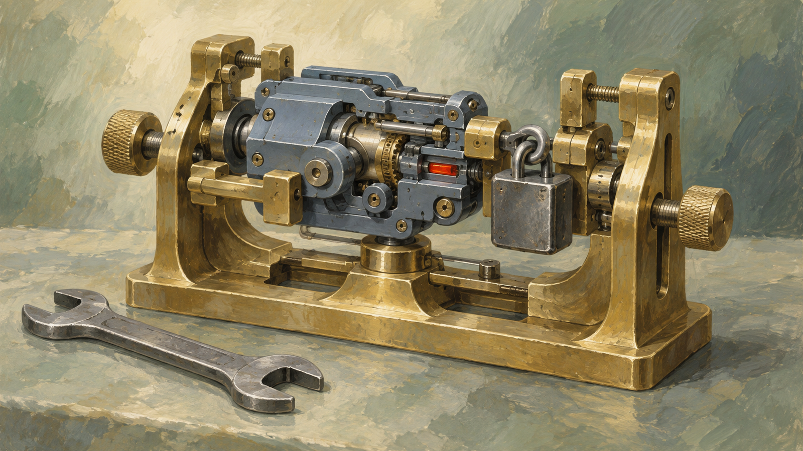 A fitted maintenance cradle supports a mechanism and its lock while a generic spanner rests nearby