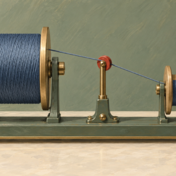 Thread moves from one spool to another, with the receiving spool partly filled