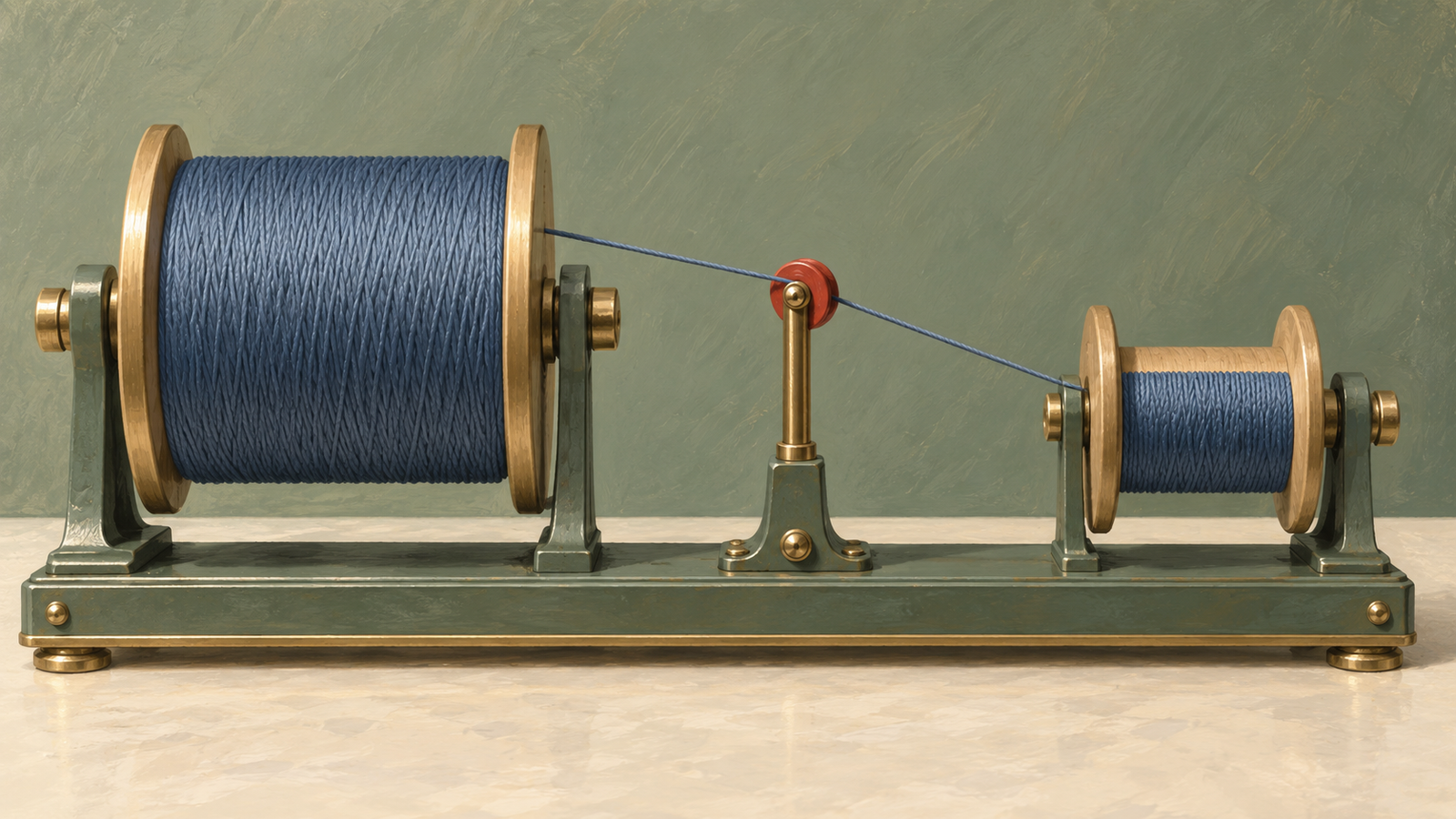 Thread moves from one spool to another, with the receiving spool partly filled