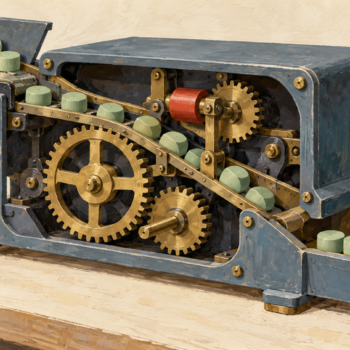 An open-sided sorting machine shows both its inner mechanism and the tokens it returns