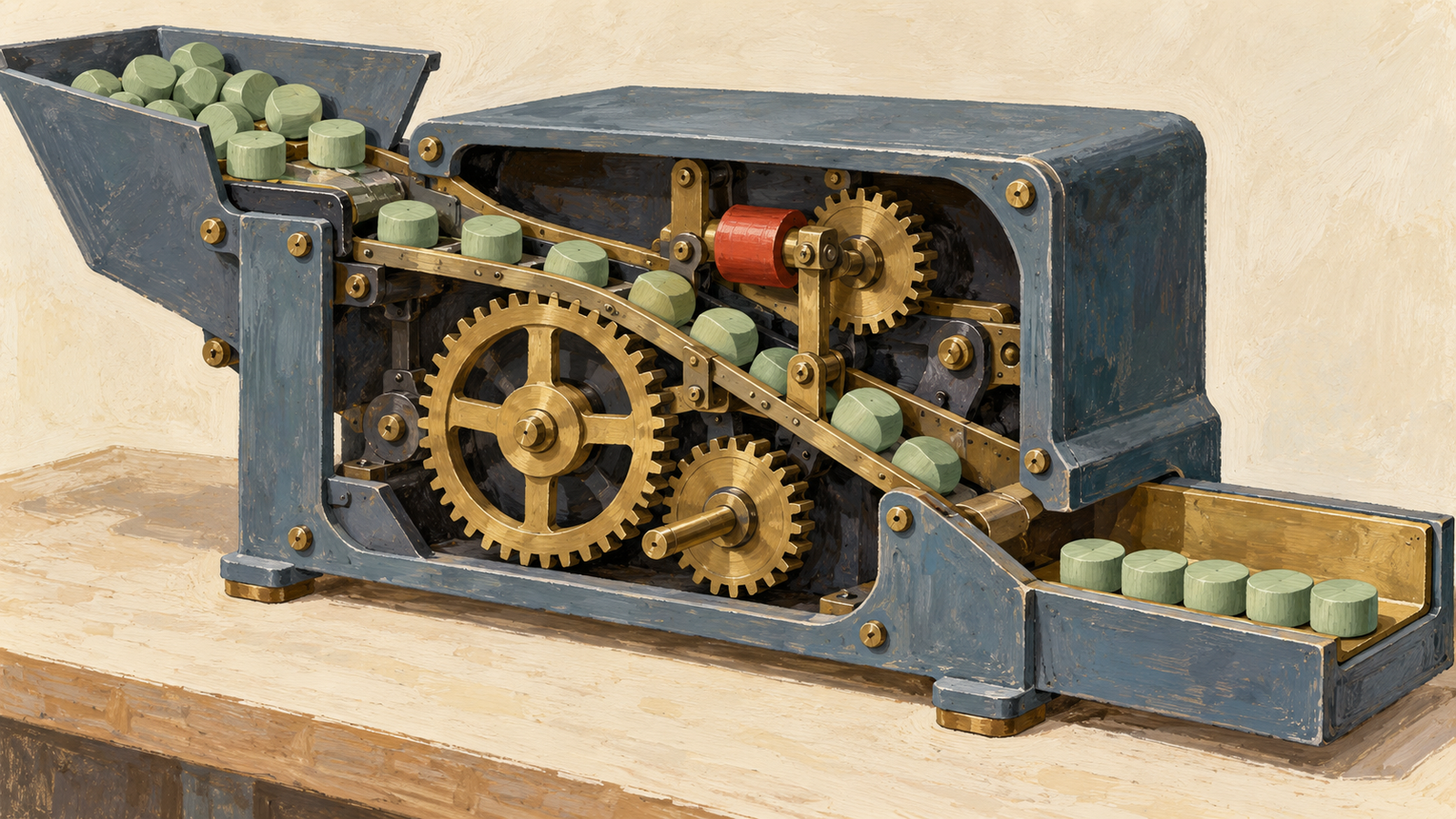 An open-sided sorting machine shows both its inner mechanism and the tokens it returns