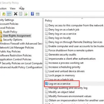 Windows Local Security Policy settings.
