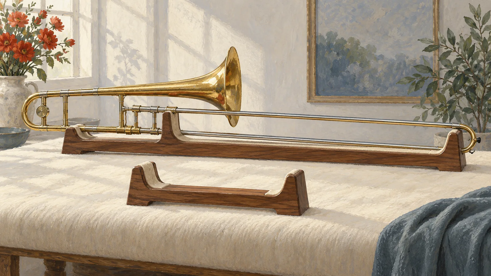 Extended trombone slide beside exact-length and shorter supporting cradles