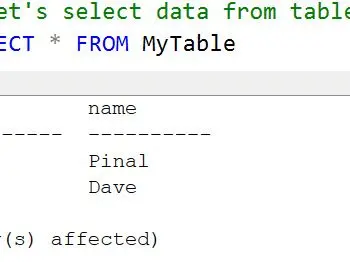 Results window showing SELECT * FROM MyTable.