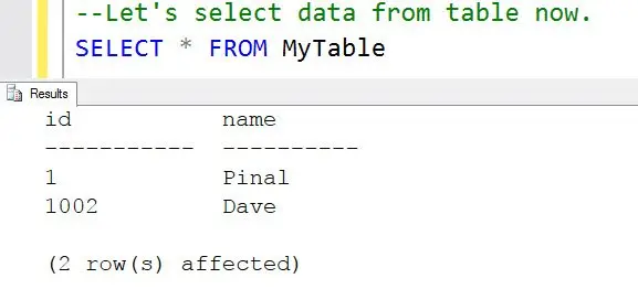 Results window showing SELECT * FROM MyTable.
