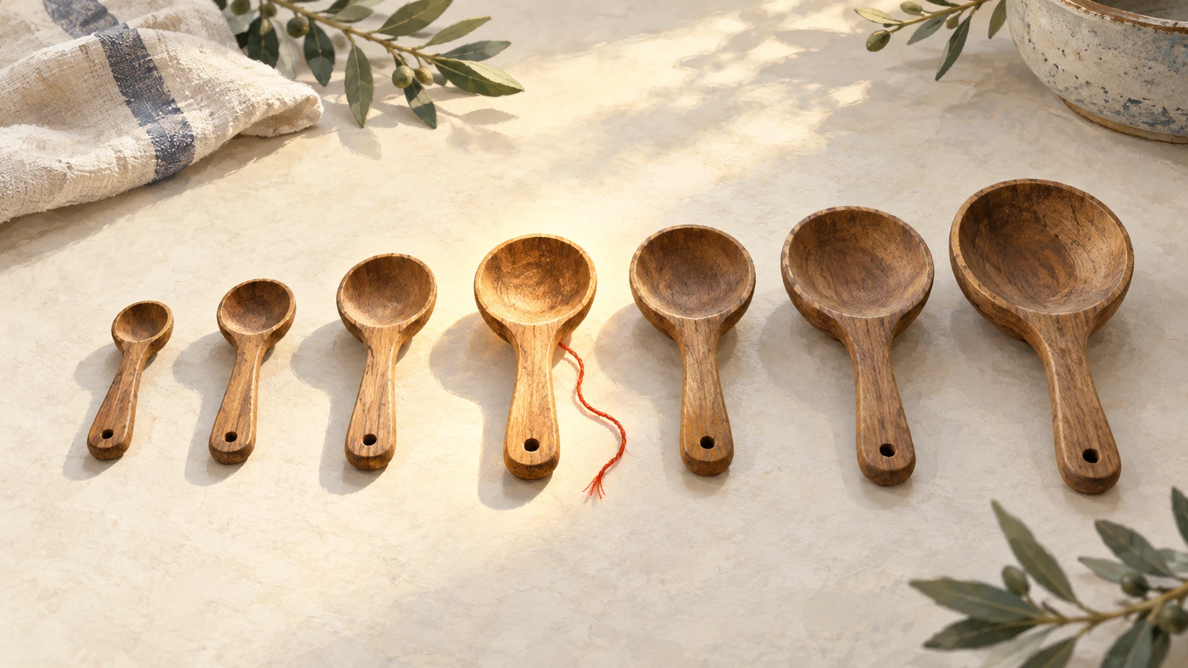 Seven wooden measuring spoons arranged by size with the middle spoon highlighted