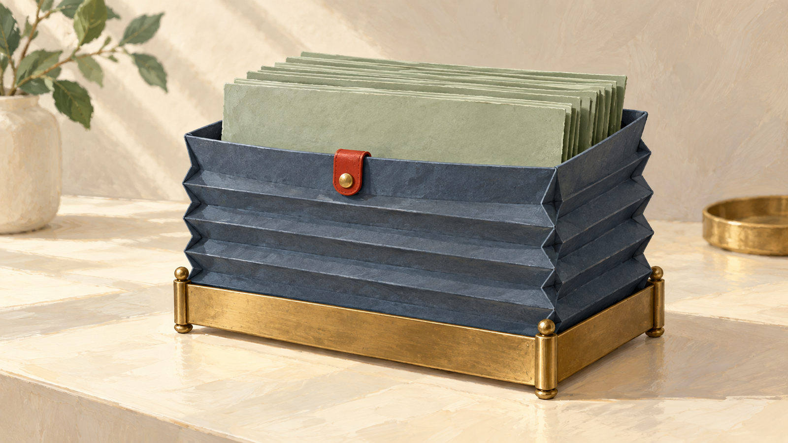 A fixed-base storage box has expanded sides to hold more sheets