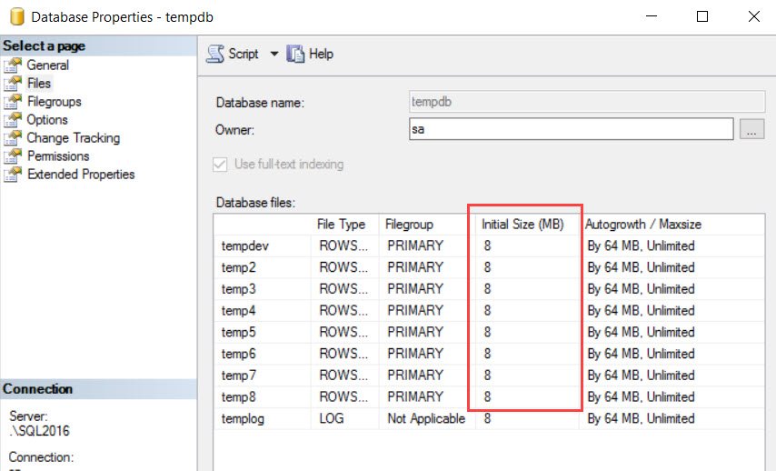 Original SQL Server 2016 Files page showing 8 MB for TempDB files after startup