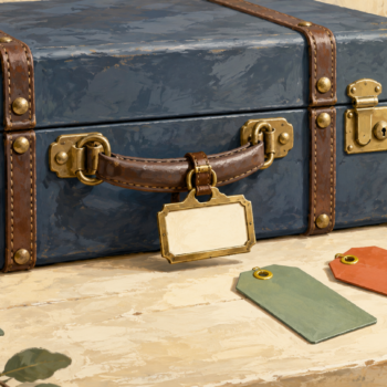 A travel trunk carries a blank removable tag with alternate tags nearby