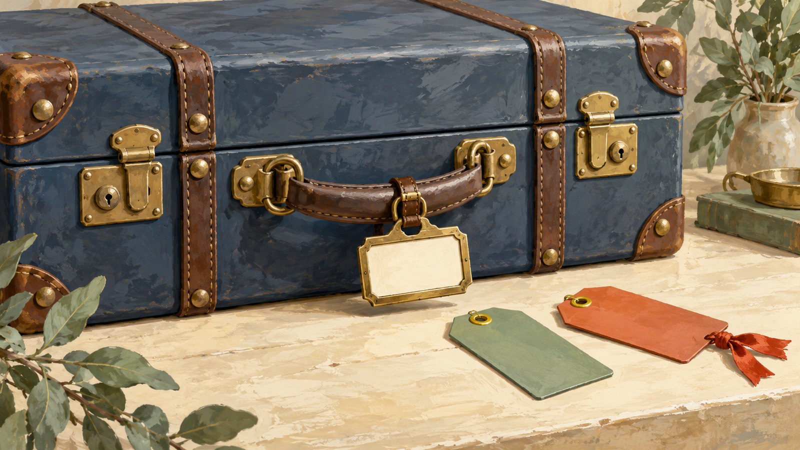 A travel trunk carries a blank removable tag with alternate tags nearby