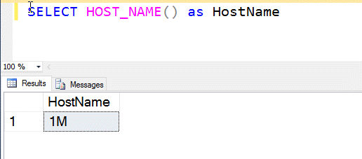 Original SSMS query and result showing HOST_NAME returning the client name 1M