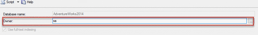 Original SSMS Database Properties screenshot showing AdventureWorks2014 Owner set to sa