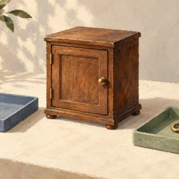 A brass key rests in a new tray beside an unchanged wooden archive cabinet
